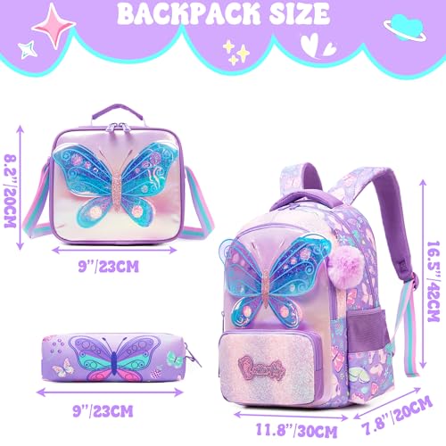 Meetbelify School Backpacks for Girls Backpack with Lunch Bag for Elmentary Students Kids Butterfly Travel Bookbag for Girls Age 6-12