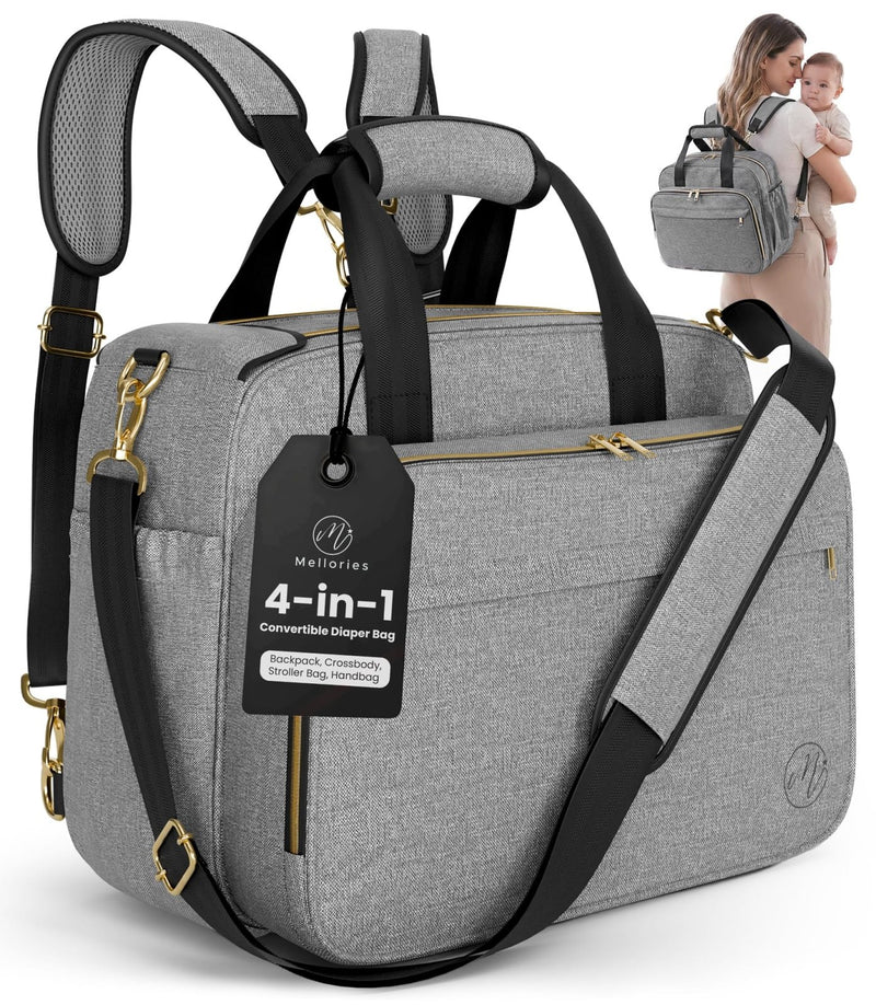 Mellories 4 in 1 Convertible Baby Diaper Bag – Converts from Tote to Backpack, Stroller & Crossbody Diaper Bag – Gray Baby Travel Bag – Gift for Moms