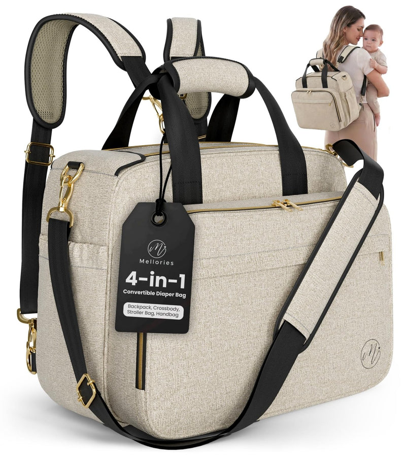 Mellories 4 in 1 Convertible Diaper Bag Tote for Baby Boys and Girls - Converts into Diaper Backpack, Baby Tote, Stroller and Crossbody Diaper Bag - Beige Baby Travel Bag - Gift for Mom