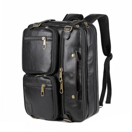 Men Vegan Leather Briefcase Backpack Hybrid 17 Inch Laptop Bag Case Business Messenger bag HB-22 (Black)