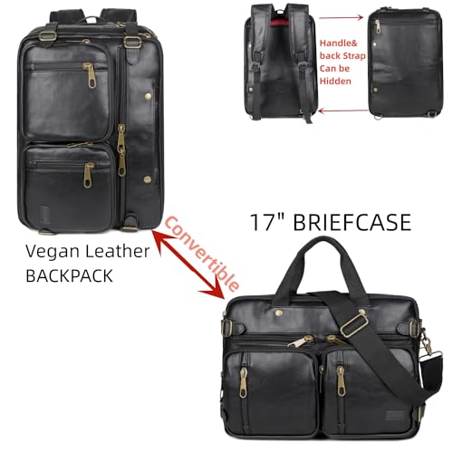 Men Vegan Leather Briefcase Backpack Hybrid 17 Inch Laptop Bag Case Business Messenger bag HB-22 (Black)