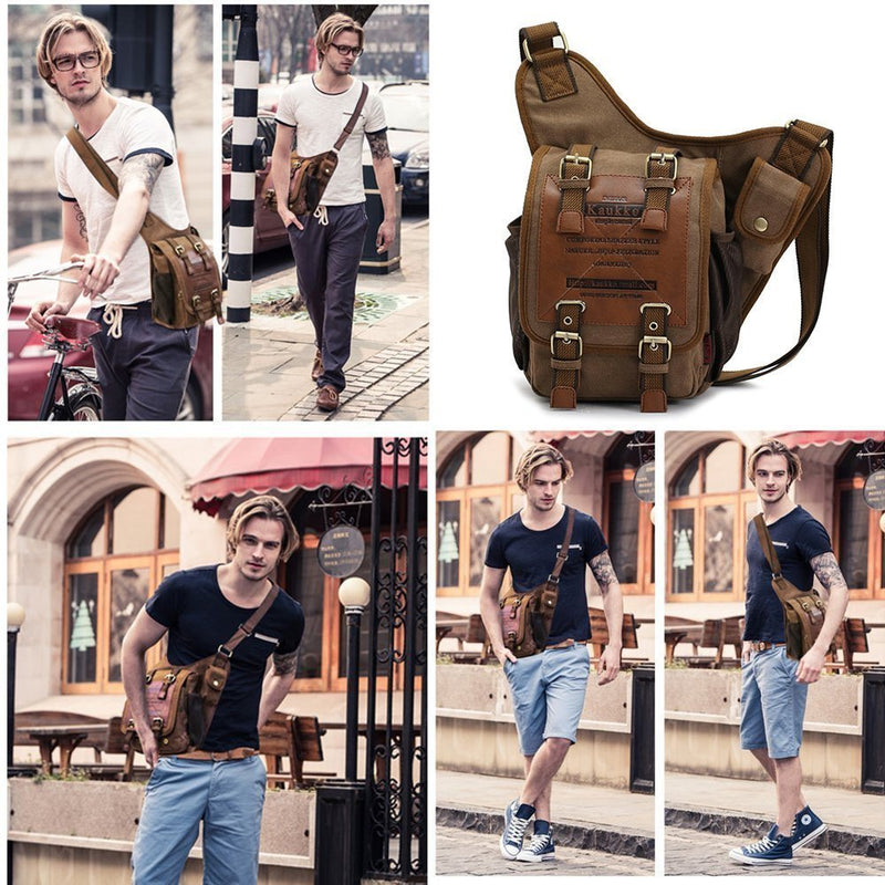 Mens Boys Vintage Canvas Shoulder Military Messenger Bag Sling School Bags Chest Military Leather Patchwork Messenger Bag(Khaki) - Great Christmas Birthday Gift for Families and Friends