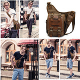 Mens Boys Vintage Canvas Shoulder Military Messenger Bag Sling School Bags Chest Military Leather Patchwork Messenger Bag(Khaki) - Great Christmas Birthday Gift for Families and Friends