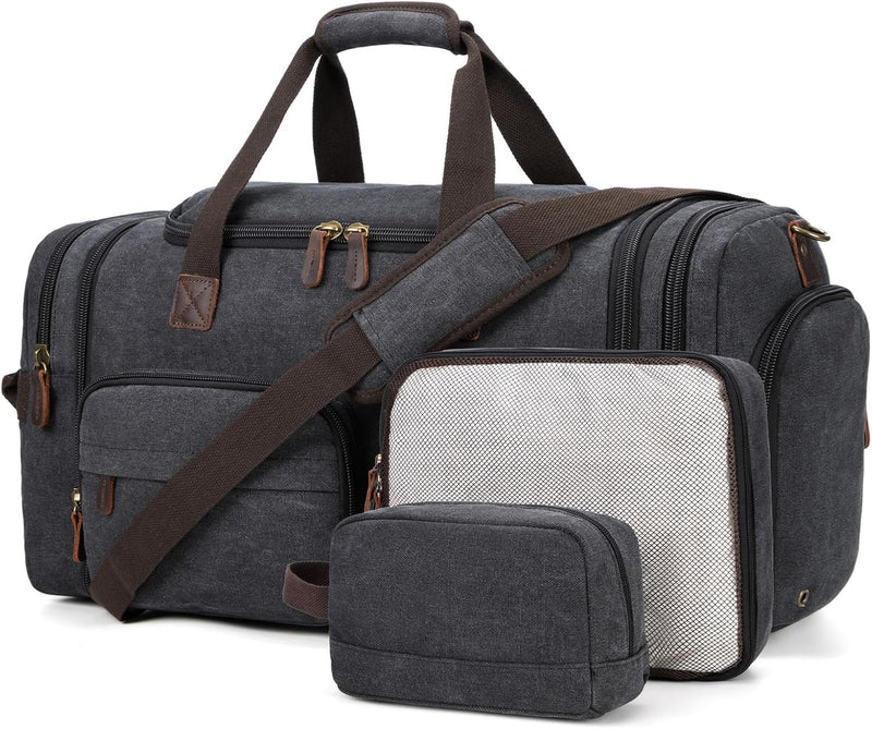 Mens Duffle Bag for Travel 60L Expandable Canvas Weekender Overnight Travel Duffel Bag with Shoe Compartment Carry - On for Airplanes Dark Gray