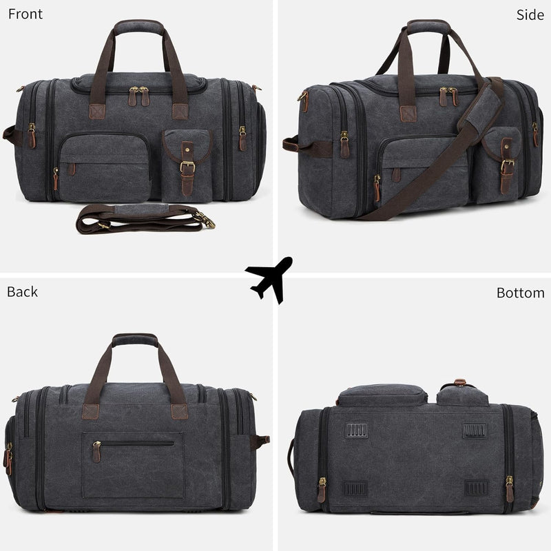 Mens Duffle Bag for Travel 60L Expandable Canvas Weekender Overnight Travel Duffel Bag with Shoe Compartment Carry - On for Airplanes Dark Gray