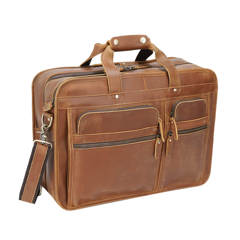 Men's Full Grain Leather Briefcase 17 Inch Travel Business Laptop Messenger Bag Tote with YKK Metal Zippers
