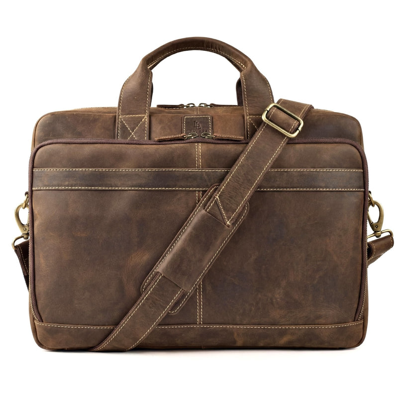 Mens Full Grain Leather Briefcase Fits 16 Inch Laptop, Leather Laptop Messenger Shoulder Satchel, Vintage Professional Work Office Bag - Brown