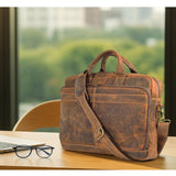 Mens Full Grain Leather Briefcase Fits 16 Inch Laptop, Leather Laptop Messenger Shoulder Satchel, Vintage Professional Work Office Bag - Tan