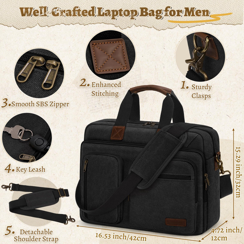Mens Laptop Messenger Bag 17.3 Inch Canvas Briefcase Waterproof Vintage Computer Bag Shoulder Bag Satchel Bags for Work College Travel