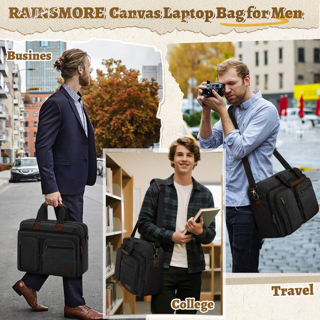 Mens Laptop Messenger Bag 17.3 Inch Canvas Briefcase Waterproof Vintage Computer Bag Shoulder Bag Satchel Bags for Work College Travel