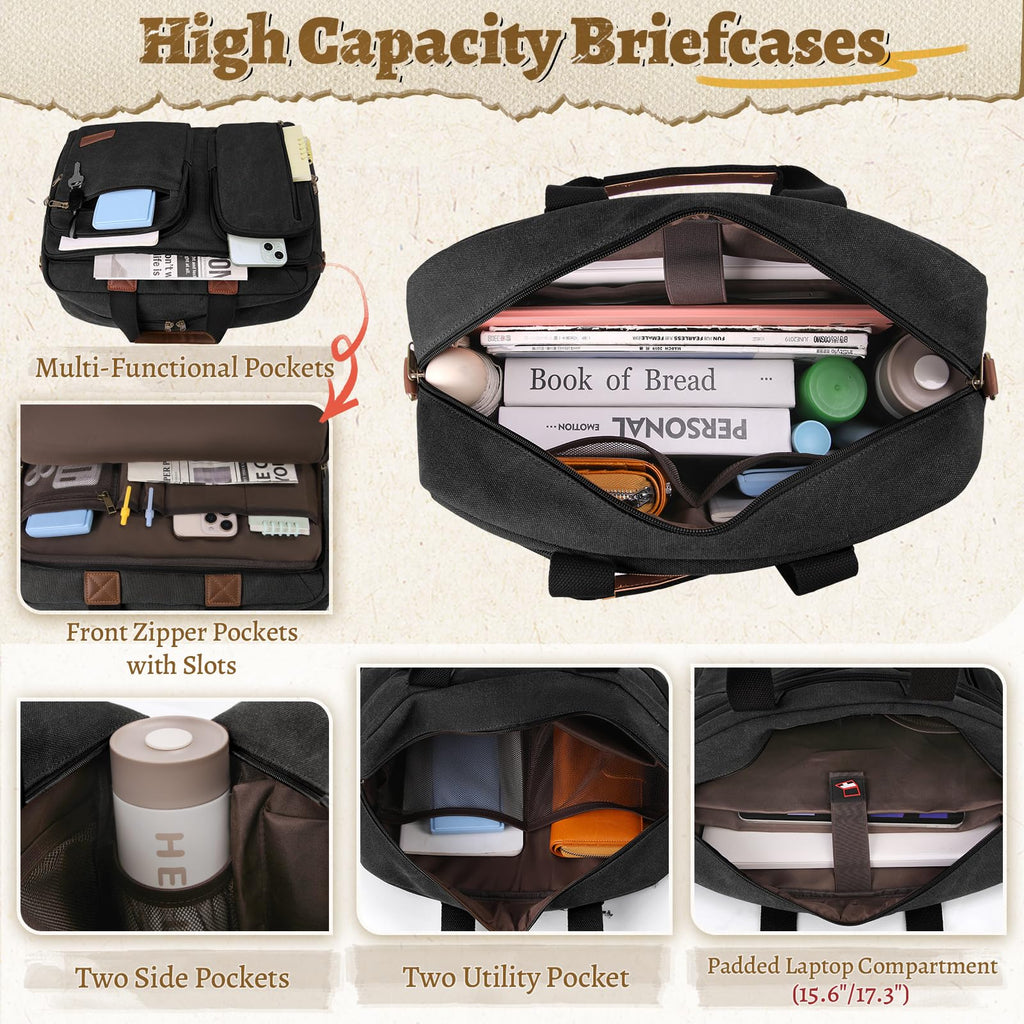 Mens Laptop Messenger Bag 17.3 Inch Canvas Briefcase Waterproof Vintage Computer Bag Shoulder Bag Satchel Bags for Work College Travel