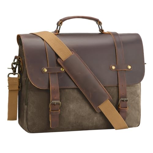 Men's Messenger Bag Waxed Canvas Briefcase 16 Inch, Army Green