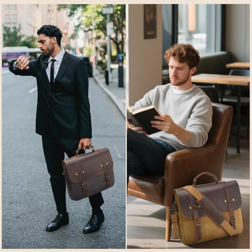 Men's Messenger Bag Waxed Canvas Briefcase 16 Inch, Army Green