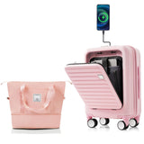 Merax 2 Piece Luggage Set Spinner Hardshell Lightweight TSA Lock and USB Port, Cup Holder, 20 inch Carry On Luggage with Front Opening Design and Expandable Travel Bag, Pink