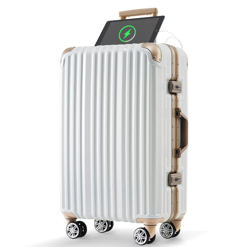Merax 20 Inch Aluminum Luggage with USB port, Vacation Carry - On Suitcase with Spinner Wheels and TSA Lock, moonlight