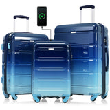 Merax 3 Piece Luggage Set ABS PC Hardside Lightweight Suitcase Sets Spinner Wheels Suitcase with TSA Lock, 20 inch Airline Certified Carry on Luggage with USB Port, 20" 24" 28", Gradient Blue