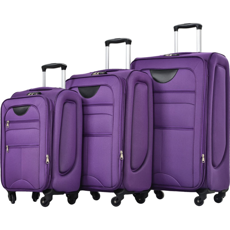 Merax 3 Piece Softside Luggage Set, Upright Spinner Softsehll Lightweight Suitcase Travel Set with Spinner Wheels and TSA Lock, Purple