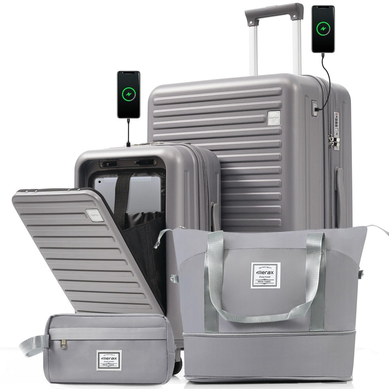 Merax 4 - Piece Luggage Set with USB Charging Ports Suitcase with TSA Lock Travel Duffel Bag Wet - Dry Toiletry Bag, grey blue+Bag