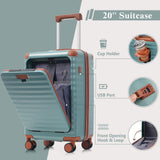 Merax 5 Piece Luggage Set Front Opening Expandable Hardside Carry On Suitcase with Double Spinner Wheels TSA Lock USB Port and Cup Holder,20" 24" 28"(Antique blue green)