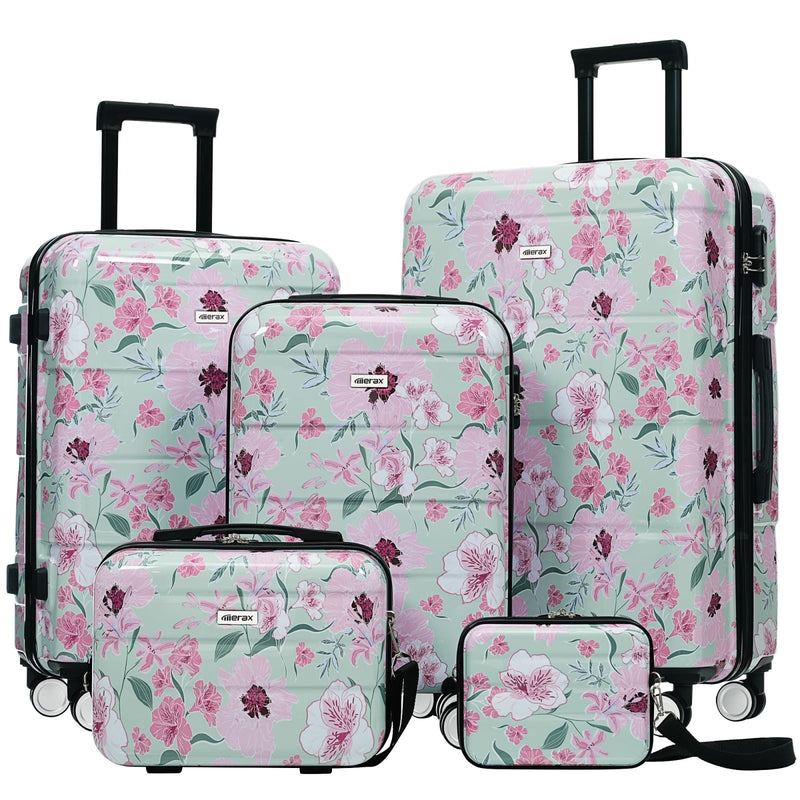 Merax 5 Piece Luggage Set Travel Suitcase, Lightweight Printed Hardshell Suitcases with Carry - On, Double Spinner Wheels and Lock, 8" 14" 20" 24" 28" (Green & Pink Flower)