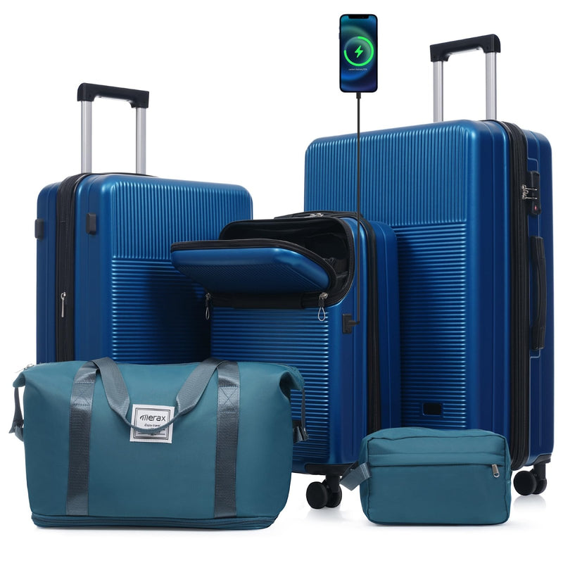 Merax 5 Piece Luggage Set with Half Opening Hardside Carry On Suitcase Set with Double Spinner Wheels Lightweight Travel Luggage with USB Port and TSA Lock(20/24/28,Blue)