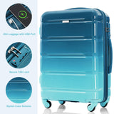 Merax Hard Shell Luggage Set 3 Piece Spinner Suitcase with Usb Airline Approved Carry On 20 Inch ABS+PC Suitcase Side Hook Luggage Lightweight Checked Baggage set, Gradient Aqua, 20"+ 24"+ 28"