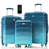 Merax Hard Shell Luggage Set 3 Piece Spinner Suitcase with Usb Airline Approved Carry On 20 Inch ABS+PC Suitcase Side Hook Luggage Lightweight Checked Baggage set, Gradient Aqua, 20"+ 24"+ 28"