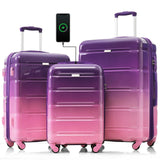 Merax Hard Shell Luggage Set 3 Piece Spinner Suitcase with Usb Airline Approved Carry On 20 Inch ABS+PC Suitcase Side Hook Luggage Lightweight Checked Baggage set, Purple and Pink, 20"+ 24"+ 28"