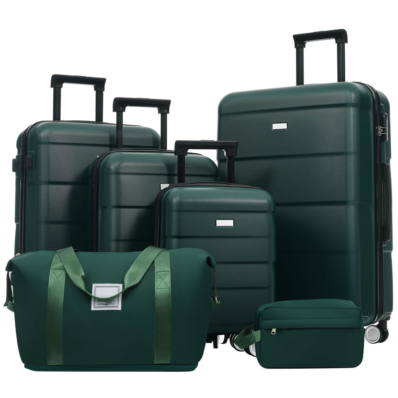Merax Hardshell Luggage Sets 6 Piece with 2 Bags,Carry on Suitcase with Handle Password Lock Double Spinner Wheels, Lightweight 16"+20"+24"+28" Luggages, Dark Green