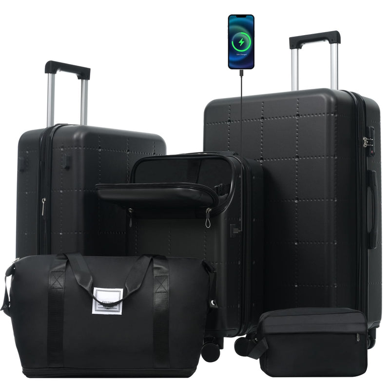 Merax Hardside Luggage Set 5 Piece with Bags,20IN Half - opening Carry on Luggage with USB Port, Expandable 24IN 28IN Luggage with Double Spinner Wheels TSA Lock, Black