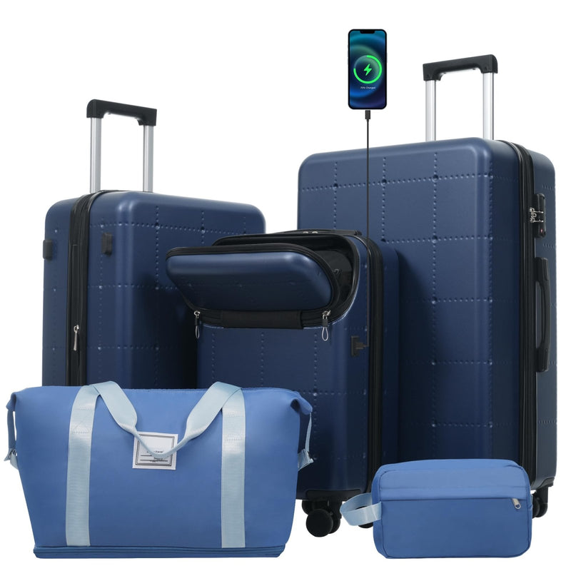 Merax Hardside Luggage Set 5 Piece with Bags,20IN Half - opening Carry on Luggage with USB Port, Expandable 24IN 28IN Luggage with Double Spinner Wheels TSA Lock, Dark Blue
