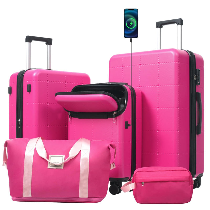 Merax Hardside Luggage Set 5 Piece with Bags,20IN Half - opening Carry on Luggage with USB Port, Expandable 24IN 28IN Luggage with Double Spinner Wheels TSA Lock, Hot Pink