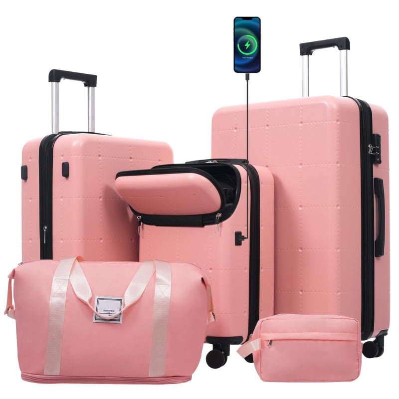 Merax Hardside Luggage Set 5 Piece with Bags,20IN Half - opening Carry on Luggage with USB Port, Expandable 24IN 28IN Luggage with Double Spinner Wheels TSA Lock, Rose Pink
