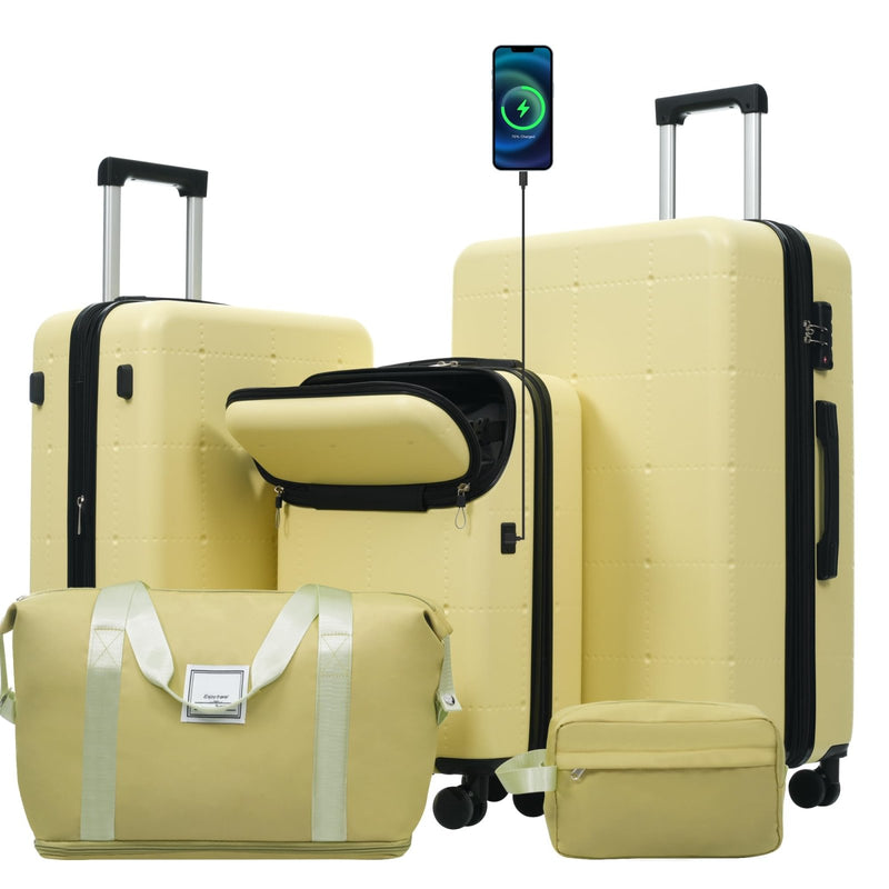 Merax Hardside Luggage Set 5 Piece with Bags,20IN Half - opening Carry on Luggage with USB Port, Expandable 24IN 28IN Luggage with Double Spinner Wheels TSA Lock, Yellow