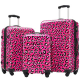 Merax Leopard Print Luggage Sets, 3 Piece Durable Suitcase Set with Spinner Wheels,Large Checked Travel Suitcases and Carry On Travel Luggage, 100% PC, TSA Lock,Hot Pink(20in/24in/28in)