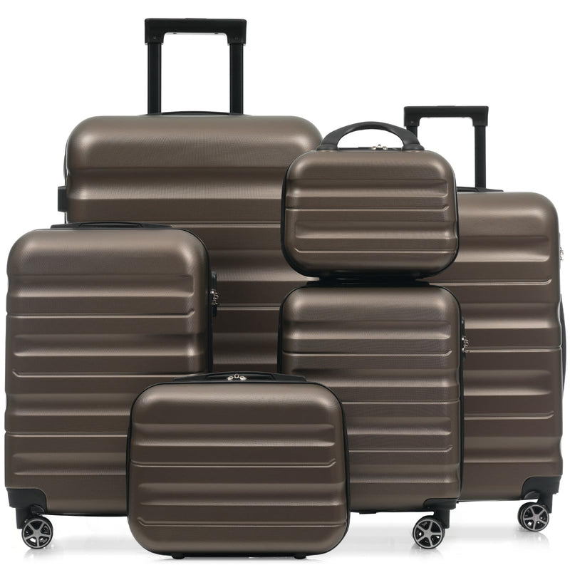 Merax Luggage Set 6 Piece, Hardshell ABS Suitcases with 8 Silent Spinner Wheels, Durable and Lightweight Travel Luggage for Family Trips, Brown