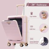 Merax Luggage Sets 3 Piece Front Opening, Hardside Lightweight Carry on Suitcase with Cup Holder USB Port,Durable Expandable Luggage with Bags Spinner Wheels and TSA Lock,Pink