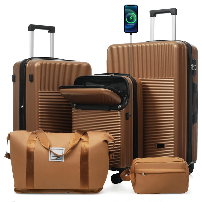 Merax Luggage Sets 5 Piece Suitcases with Wheels, Suitcase Set ABS Hard Case Luggage with TSA Lock Spinner Wheels Durable Travel Luggage,20" Travel Luggage with USB Port&Half - opening,Brown
