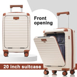 Merax Luggage Sets 5 Piece with 20 Inch Front Opening, 24" & 28" Hardside Expandable Carry on Suitcase with Spinner Wheels TSA Lock USB Port Cup Holder Duffel Bag and Toiletry Bag,Brown White