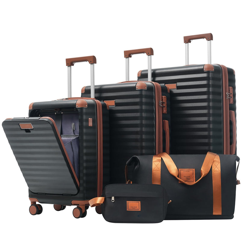 Merax Luggage Sets 5 Piece with 20 Inch Front Opening, 24" & 28" Hardside Expandable Carry on Suitcase with Spinner Wheels TSA Lock USB Port Cup Holder Duffel Bag and Toiletry Bag,Black