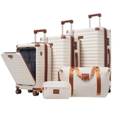 Merax Luggage Sets 5 Piece with 20 Inch Front Opening, 24" & 28" Hardside Expandable Carry on Suitcase with Spinner Wheels TSA Lock USB Port Cup Holder Duffel Bag and Toiletry Bag,Brown White