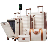 Merax Luggage Sets 5 Piece with 20 Inch Front Opening, 24" & 28" Hardside Expandable Carry on Suitcase with Spinner Wheels TSA Lock USB Port Cup Holder Duffel Bag and Toiletry Bag,Brown White