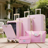 Merax Luggage Sets 5 Piece with 20 Inch Front Opening,24" & 28" Hardside Expandable Carry on Suitcase with Spinner Wheels TSA Lock USB Port Cup Holder Duffel Bag and Toiletry Bag,Pink
