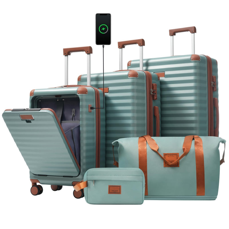 Merax Luggage Sets 5 Piece with 20 Inch Front Opening,24" & 28" Hardside Expandable Carry on Suitcase with Spinner Wheels TSA Lock USB Port Cup Holder Duffel Bag and Toiletry Bag,Blue Green