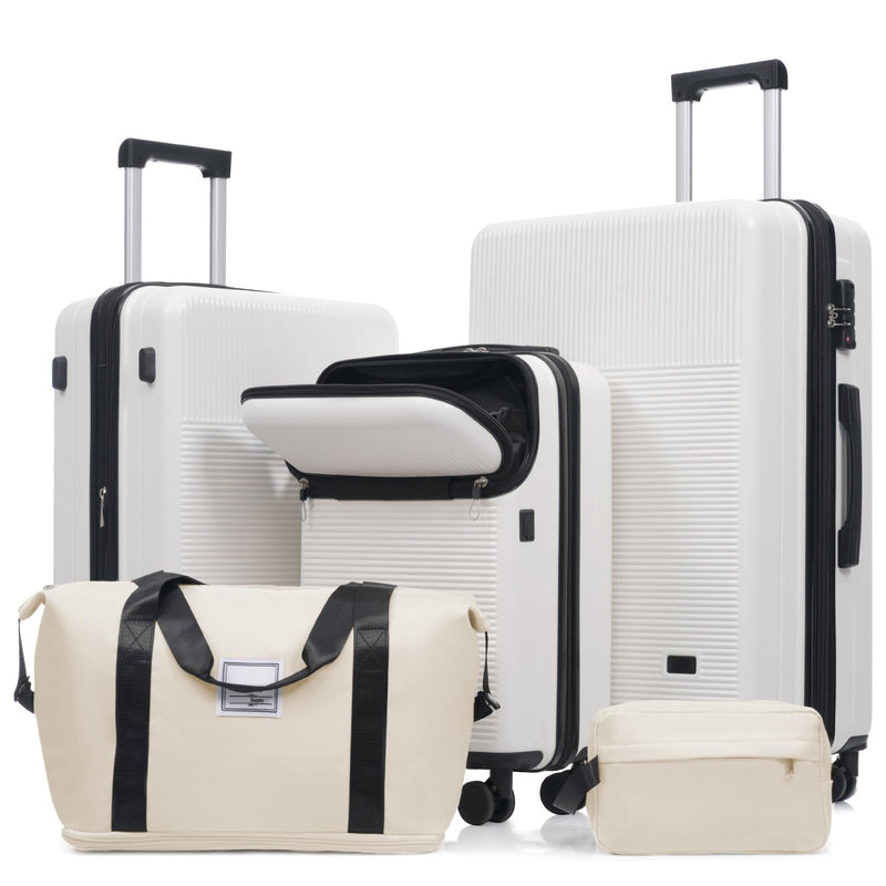 Merax Luggage Sets 5 Piece with Half - opening, Hardside Carry On Suitcase Set with Double Spinner Wheel, Lightweight Travel Luggage with USB Port,TSA Locks,White