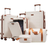 Merax Luggage Sets 5 Piece,Front Open Hardshell Expandable Suitcase with Spinner Wheels and Duffel Bags,Lightweight Carry on Luggage with USB Port and Cup Holder,20/24/28IN,White and Brown