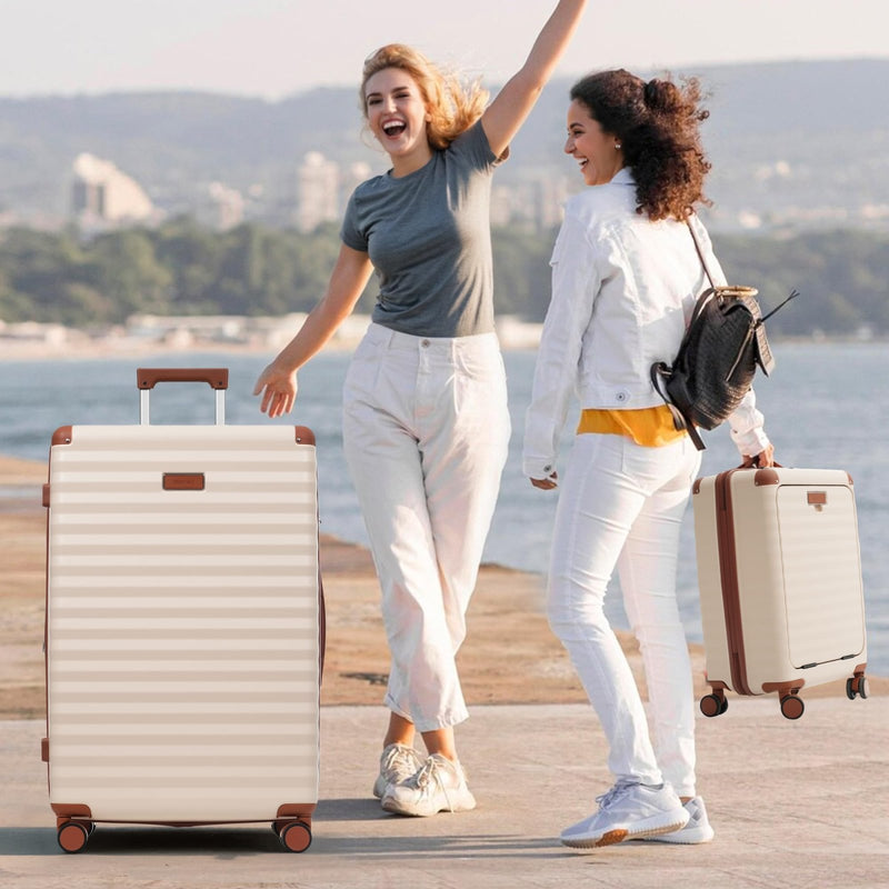 Merax Luggage Sets 5 Piece,Front Open Hardshell Expandable Suitcase with Spinner Wheels and Duffel Bags,Lightweight Carry on Luggage with USB Port and Cup Holder,20/24/28IN,White and Brown