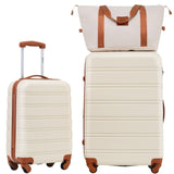 Merax Luggage Sets Carry on Suitcase Airline Approved,Hard Case Expandable Spinner Wheels, White and Brown, 3 - Piece Set(20+28IN+Bag)