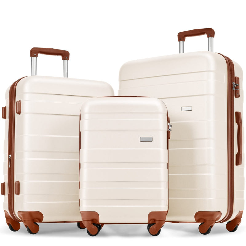 Merax Luggage Sets Hardshell 3 Piece Suitcase with Spinner Wheels & TSA Lock ABS Lightweight Durable Travel Luggage 20''/24''/28'' for Airline Carry - On (Ivory and Brown, No Extended Functions)