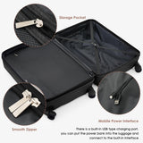 Merax USB Port 3pc ABS Hardside Luggage Sets Expandable Spinner Wheels, All Black, 20/24/28 Inch